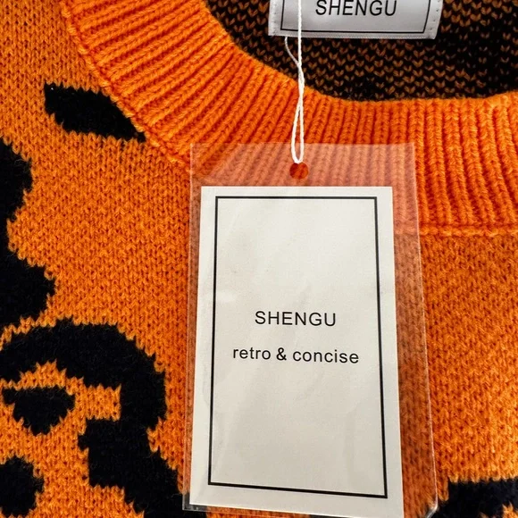 Shengu Polar Bear Crewneck Sweater Orange Back White Kawaii Oversized Knit Funky - Picture 4 of 13